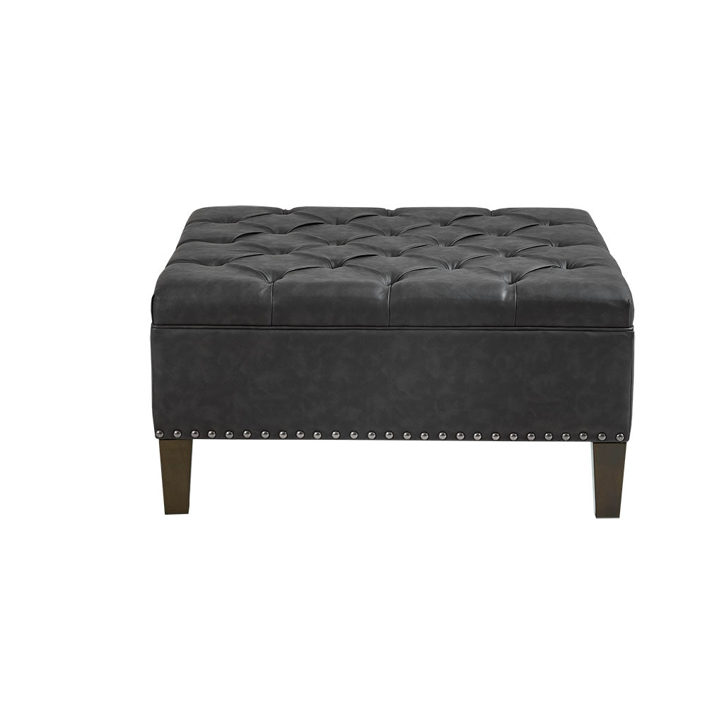 Leathered Tufted Square Storage Ottoman, Charcoal Grey