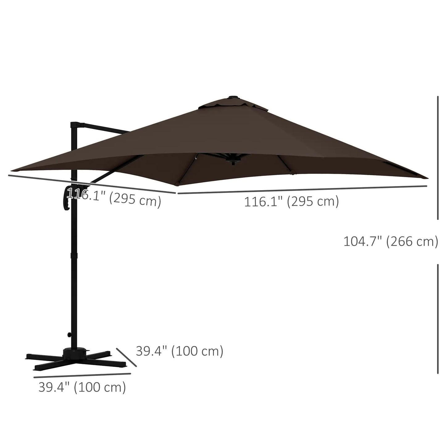 10x10ft Cantilever Umbrella, Rotatable Square Market Parasol, 4 Adjustable Angle for Outdoor Backyard Patio Coffee