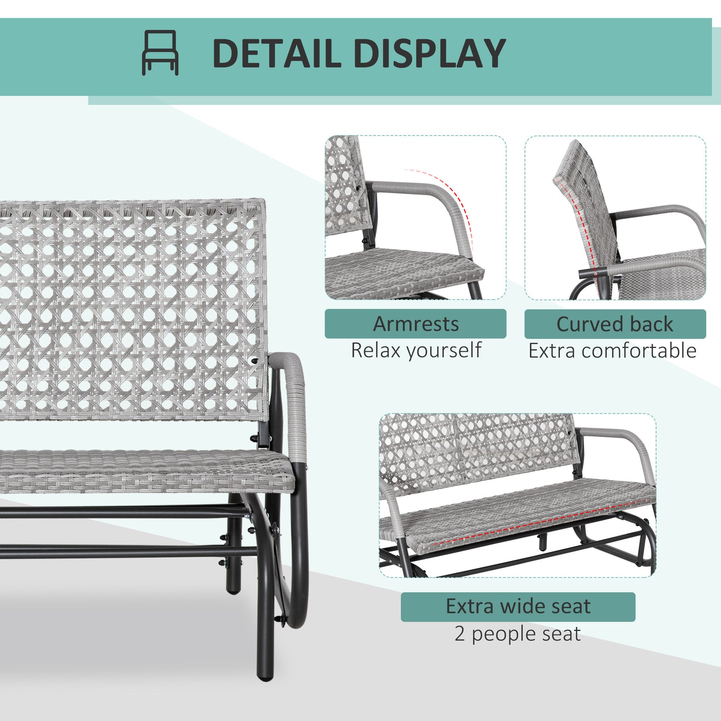 Outsunny 2 Person Patio Glider Rattan Outdoor Swing Rocker Chair Garden Bench, Garden Loveseat Rocking, w/Extra Wide Seat & Curved Backrest for Backyard, Poolside, Lawn, Mixed Grey