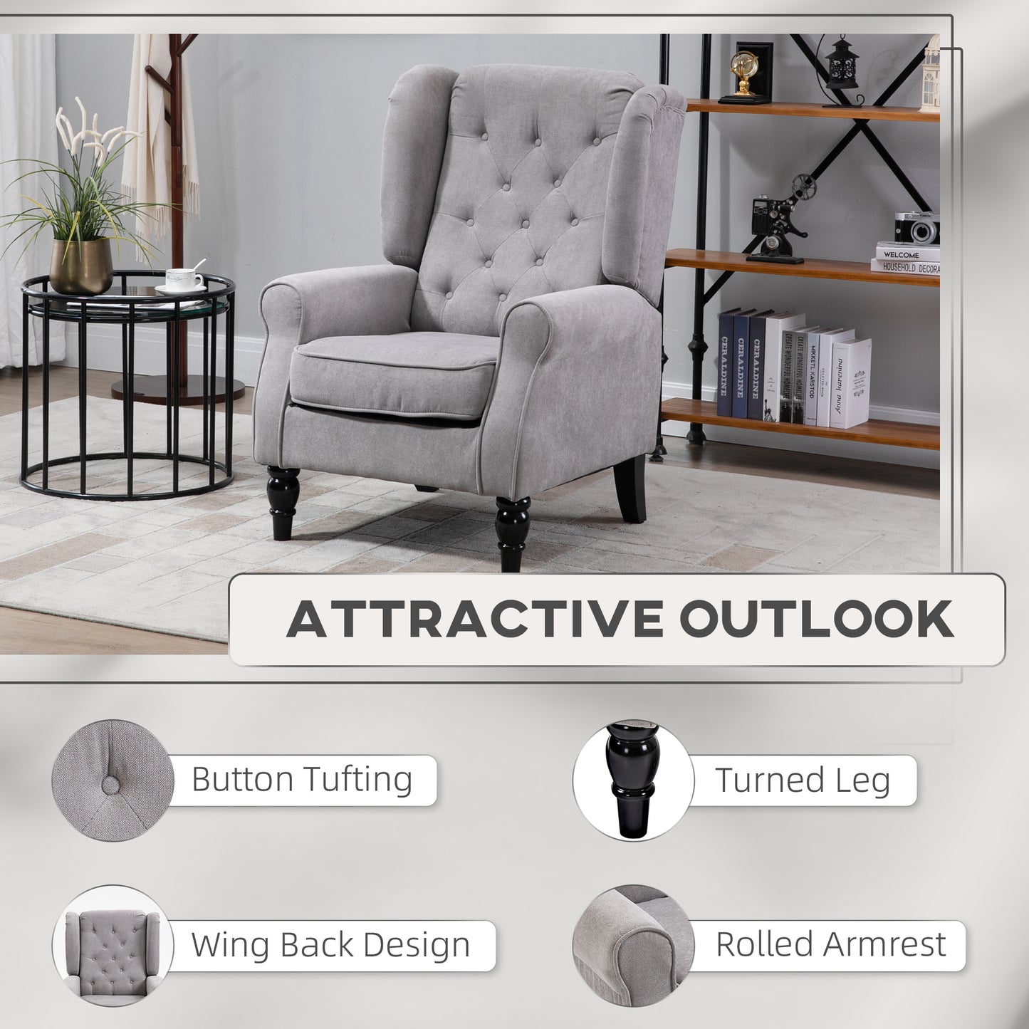 Button-Tufted Accent Chair with High Wing Back, Rounded Cushioned Armrests and Thick Padded Seat, Gray