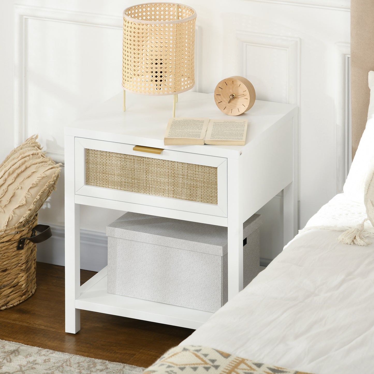 Farmhouse Nightstand, Bedside Table with Rattan Drawer and Open Shelf, Side End Table for Bedroom, Living Room