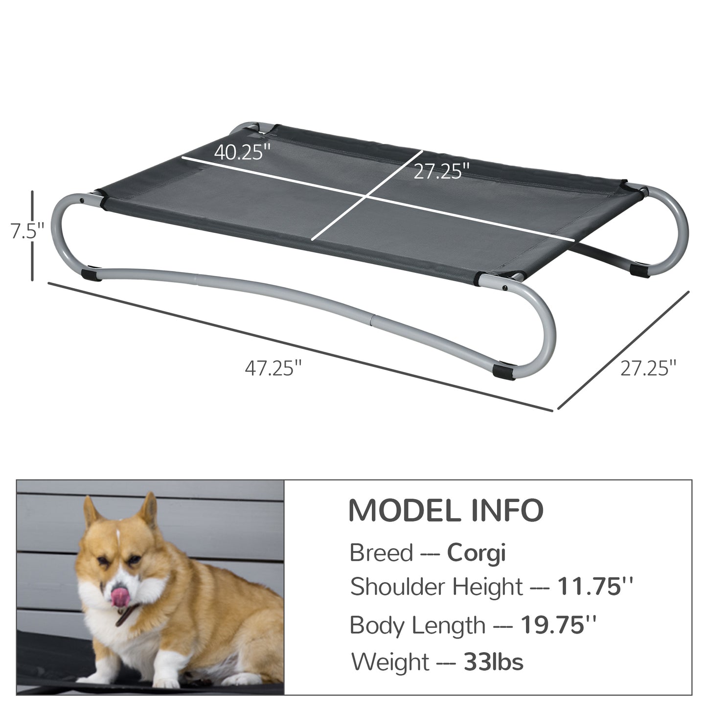 Elevated Dog Bed, Pet Cot, Steel Frame and Breathable Mesh Surface, Unique Designed Elevated Bottom, for Indoor or Outdoor Use, Grey