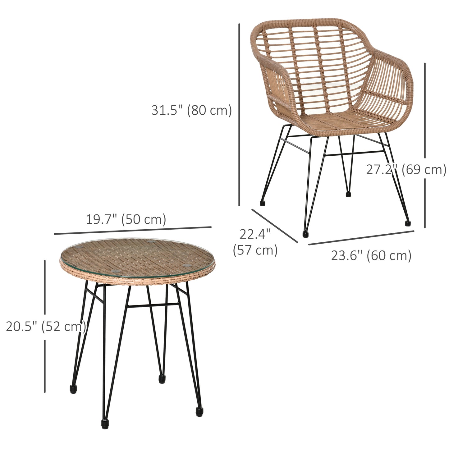 3 Piece Wicker Patio Furniture with Two Chairs, Coffee Table for Garden, Backyard, Pool Side, Natural