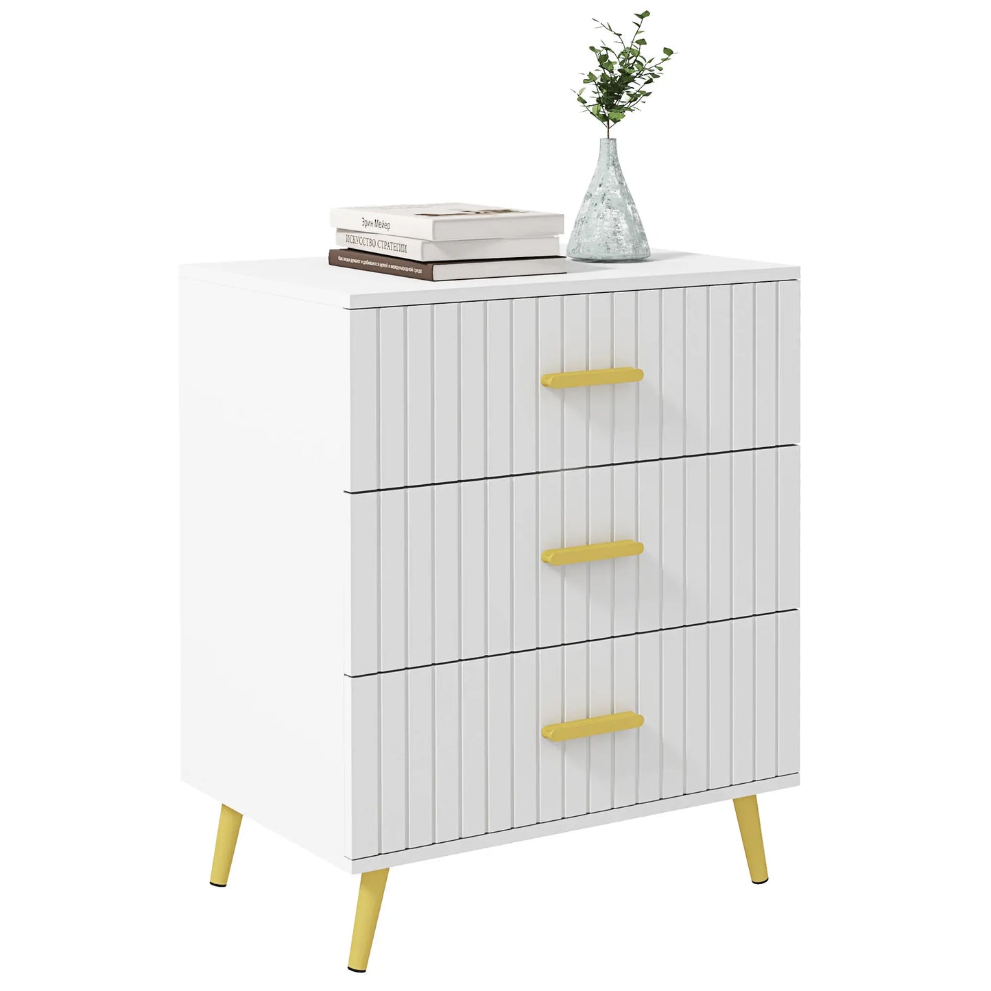 3 Drawer Drawer Chest with Aluminium Legs and Gold Handles, in White