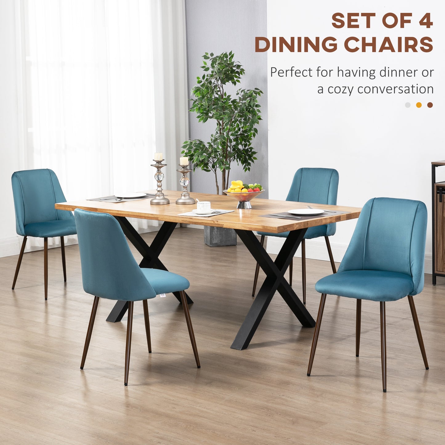 Dining Chairs Set of 4, Modern Kitchen Chair with Velvet-touch Upholstery, Curved Back and Wood-grain Steel Leg for Living Room, Bedroom, Blue