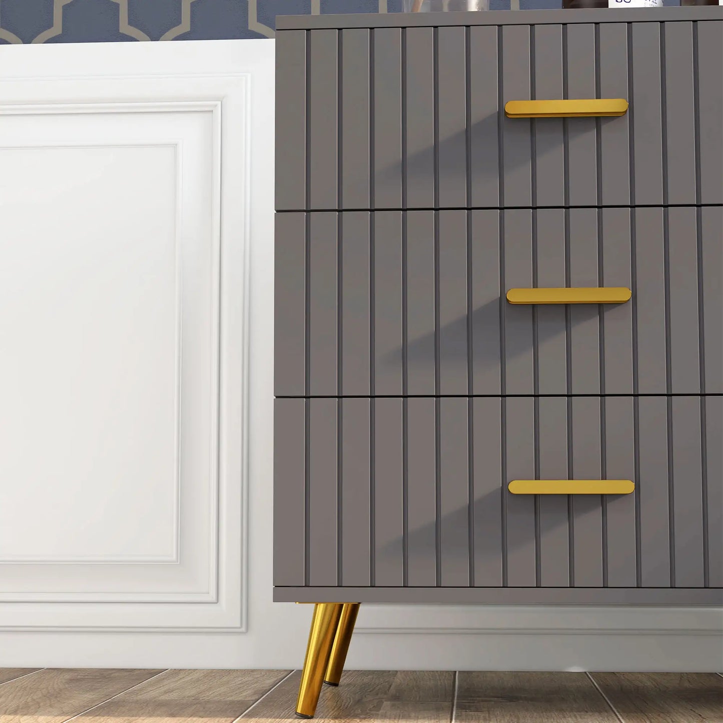 3 Drawer Drawer Chest with Aluminium Legs and Gold Handles, in Dark Grey