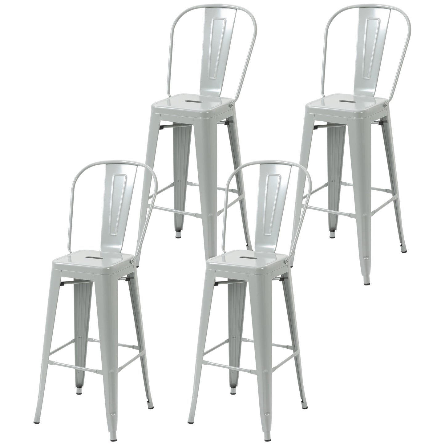 Set of 4 Bar Stools, Cafe Metal Frame in Silver Grey