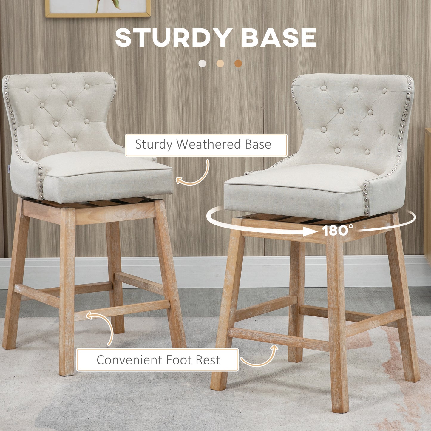 Bar Height Bar Stools Set of 2, 180° Swivel Kitchen Stools, Upholstered Nailhead-Trim Bar Chair, 30" Seat Height with Rubber Wood Legs, Beige