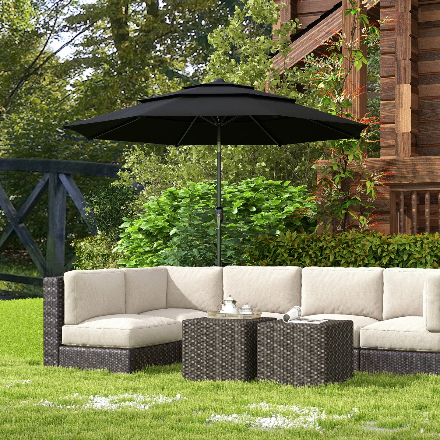 9FT 3 Tiers Patio Umbrella Parasol with Crank, Push Button Tilt for Deck, Backyard and Lawn, Black