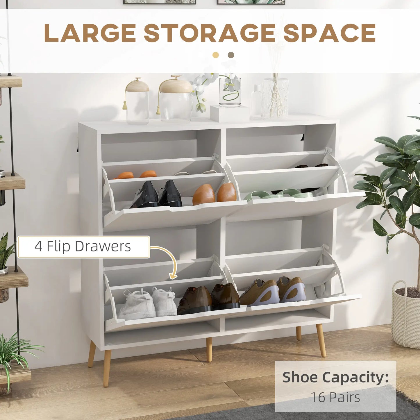 Shoe Storage Cabinet with 4 Flip Drawers and Adjustable Shelf, for 16 Pairs of Shoes, in White