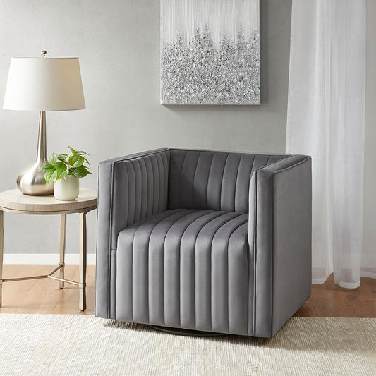 Velvet French Piping Swivel Accent Chair, Grey *