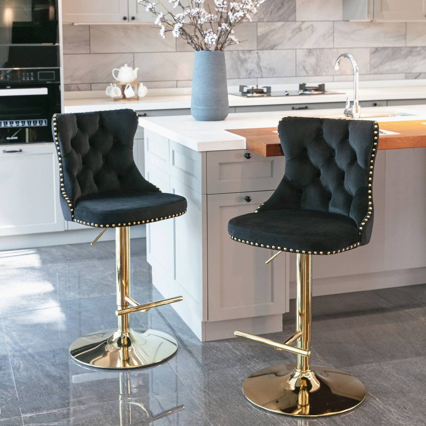 Set of 2 Modern Adjustable Velvet Swivel Bar Stools BLACK