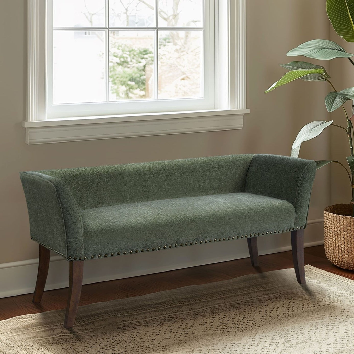 Green 49.5" Upholstered Bench with Back & Wood Legs