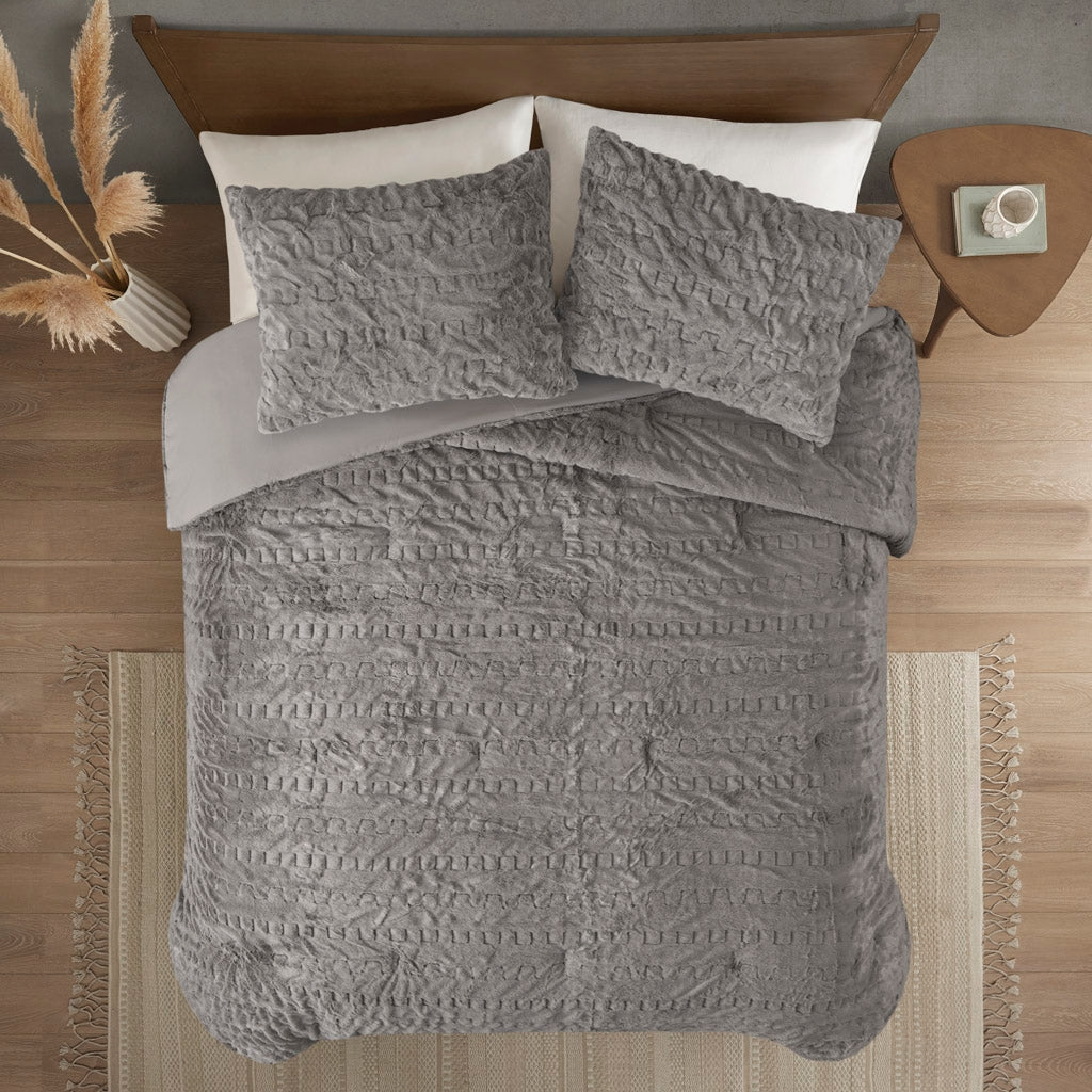 Ruched Faux Fur All-Season Comforter Set, Grey