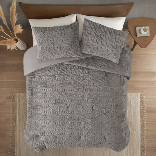 Ruched Faux Fur All-Season Comforter Set, Grey