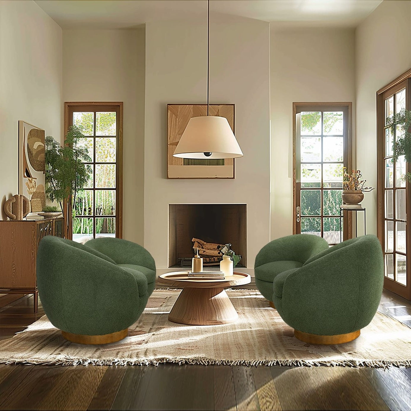 Green Shearling Sherpa Swivel Chair with Wood Base