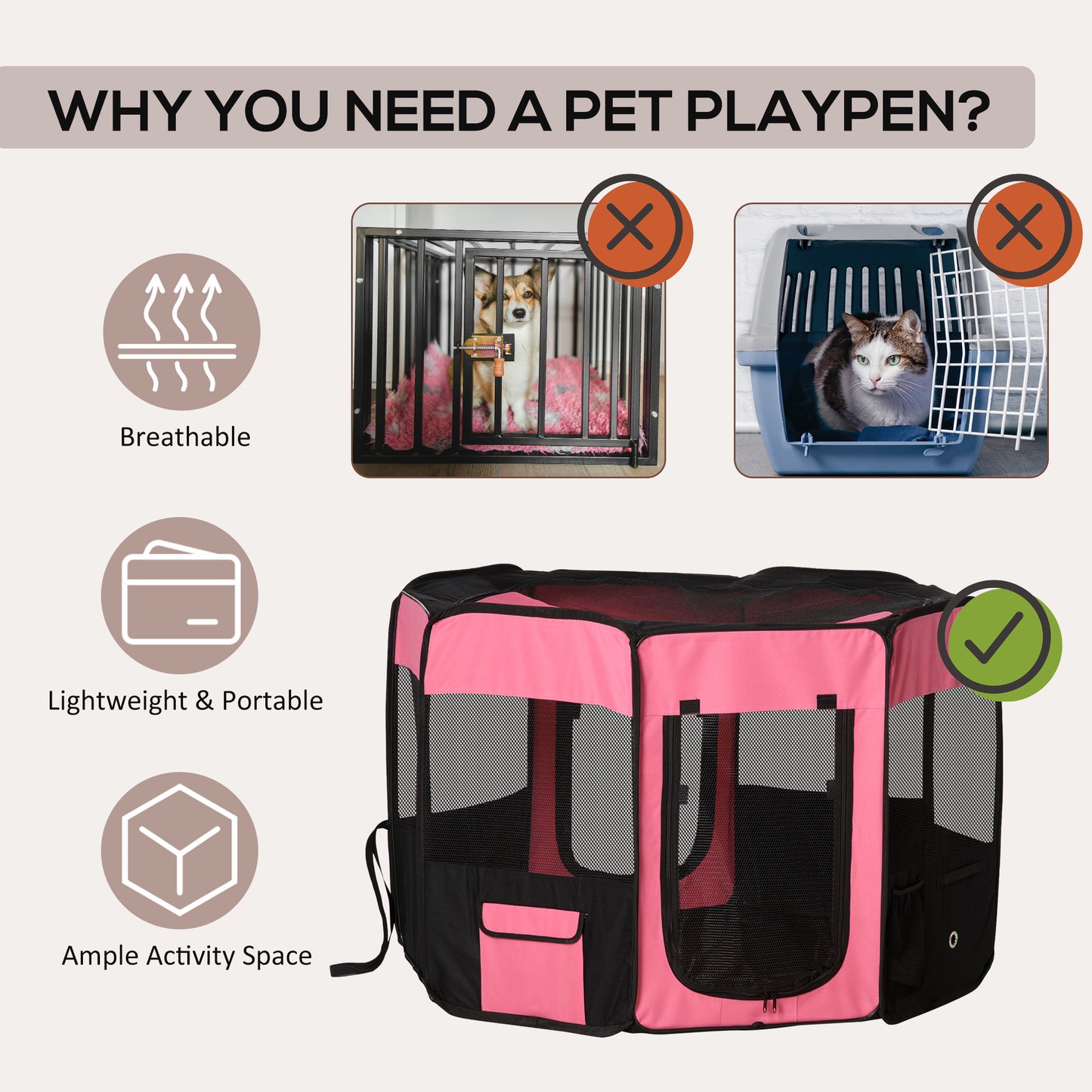 46-inch Pet Playpen Soft Exercise Puppy Dog Pen Portable Crate New Pink Carry Bag Included