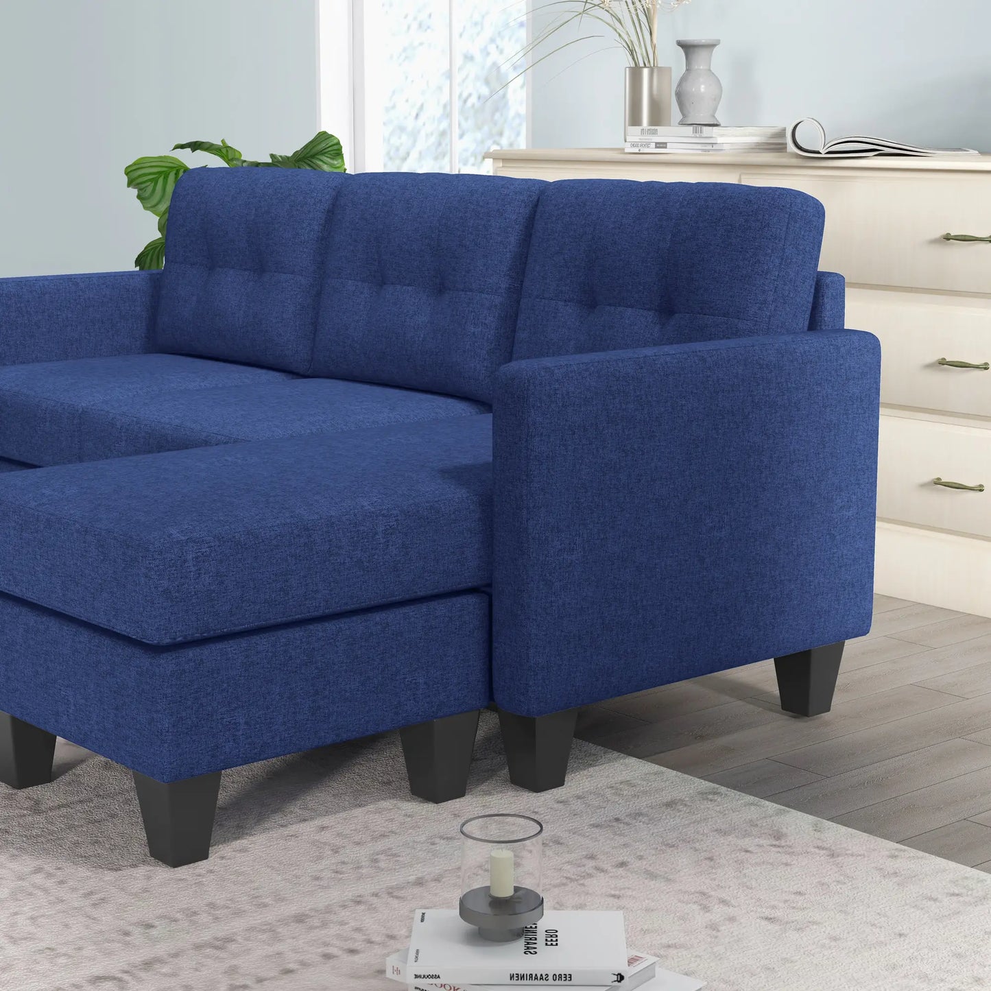 L-shaped Sofa, 3 Seater Sectional Couch with Ottoman with Thick Padded Cushion and Wood Legs, Dark Blue