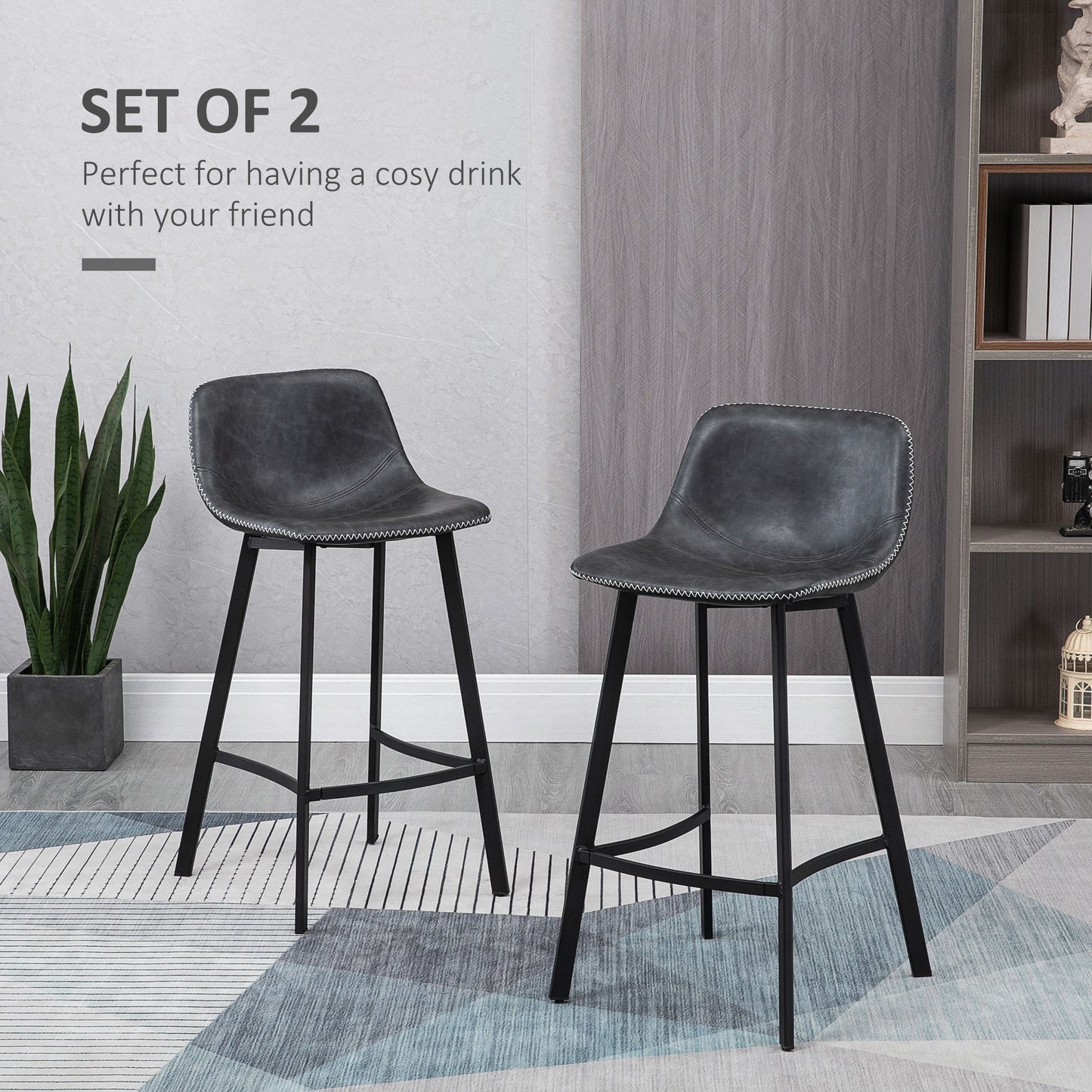 Counter Height Stools Set of 2, Upholstered Kitchen Stool with Back and Steel Legs