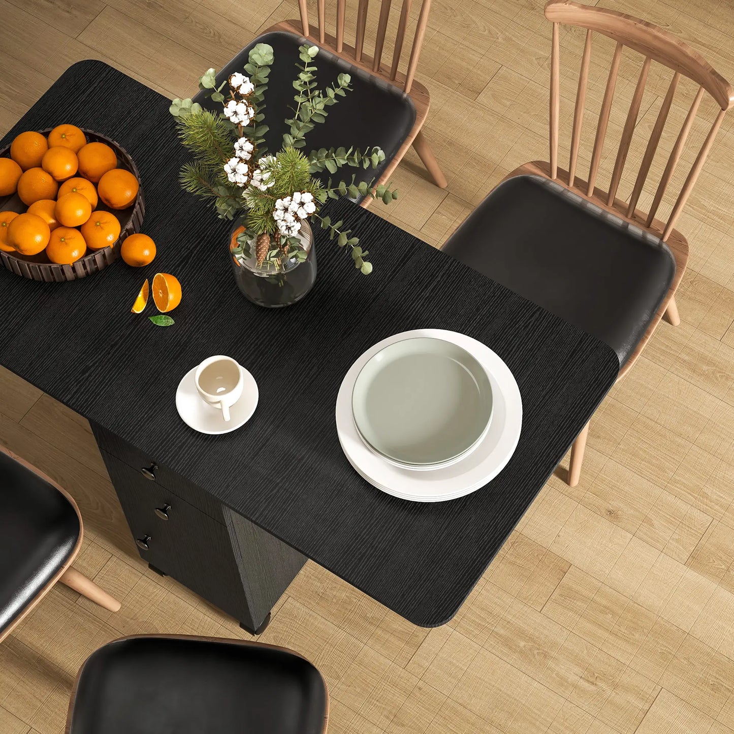 Drop Leaf kitchen Dining Table, on Wheels with Drawers and Cabinet in Black