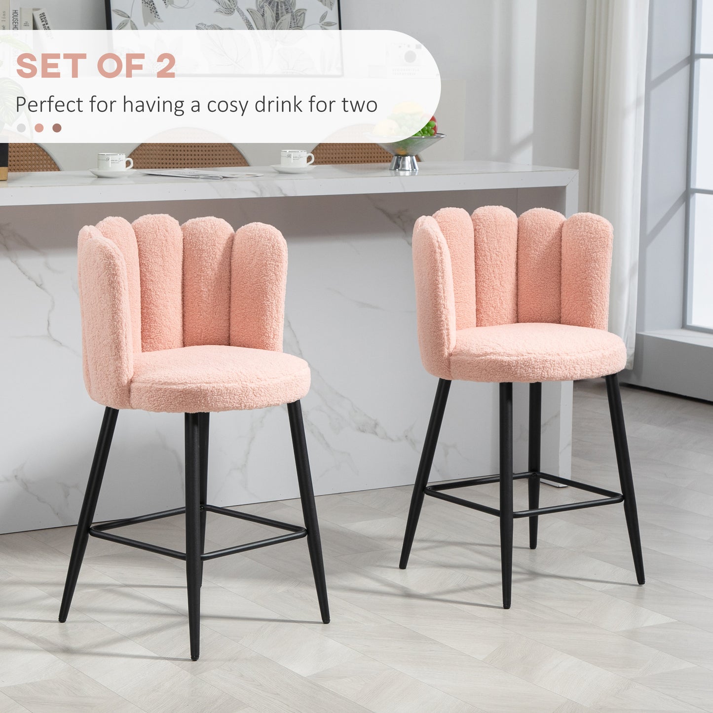 Faux Cashmere Bar Stools Set of 2 Counter Height Bar Stools with Back for Home Kitchen, 20.5"x19.7"x36.6", Pink