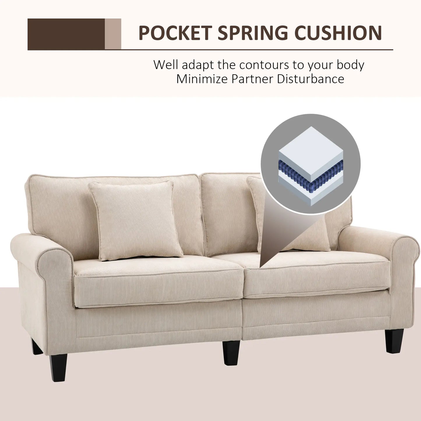 Corduroy Fabric 3 Seater Couch with Pine Wood Legs and Rolled Armrests for Living Room, Beige