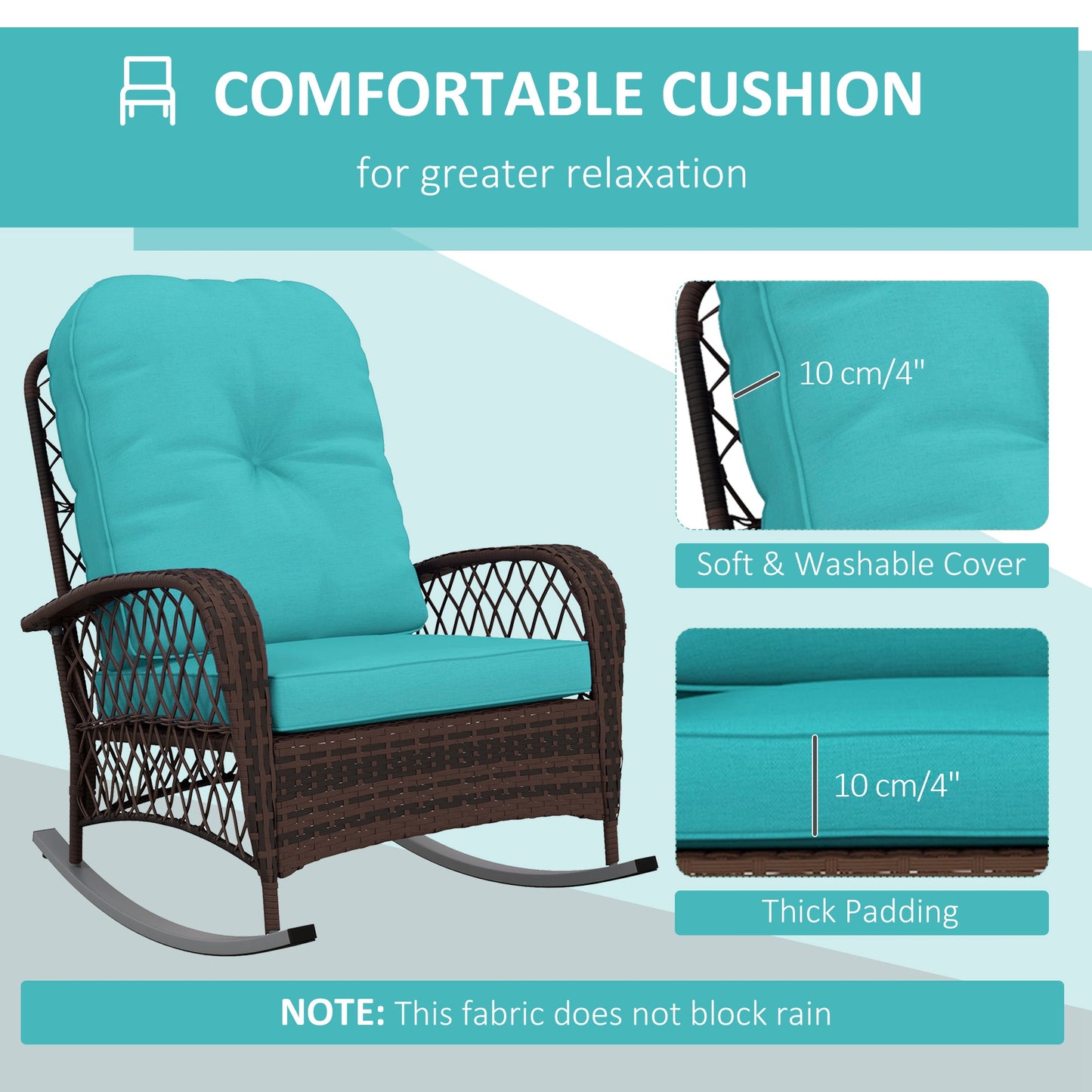 Outsunny Outdoor Wicker Rattan Rocking Chair Patio Rocker with Thick Cushions for Garden Backyard Porch, Turquoise