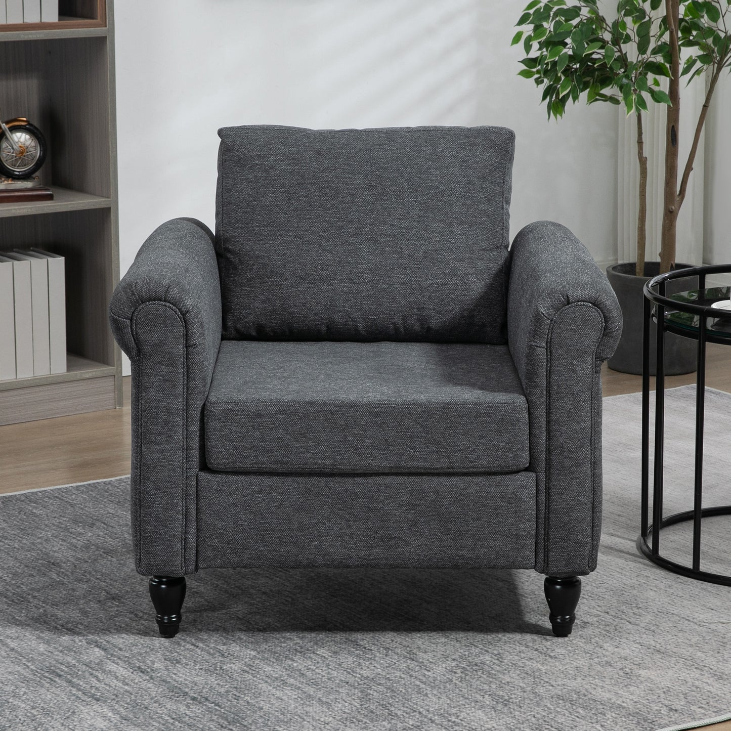 Accent Chair with Rolled Arms, Gourd-Shaped Rubber Wood Legs, Dark Grey