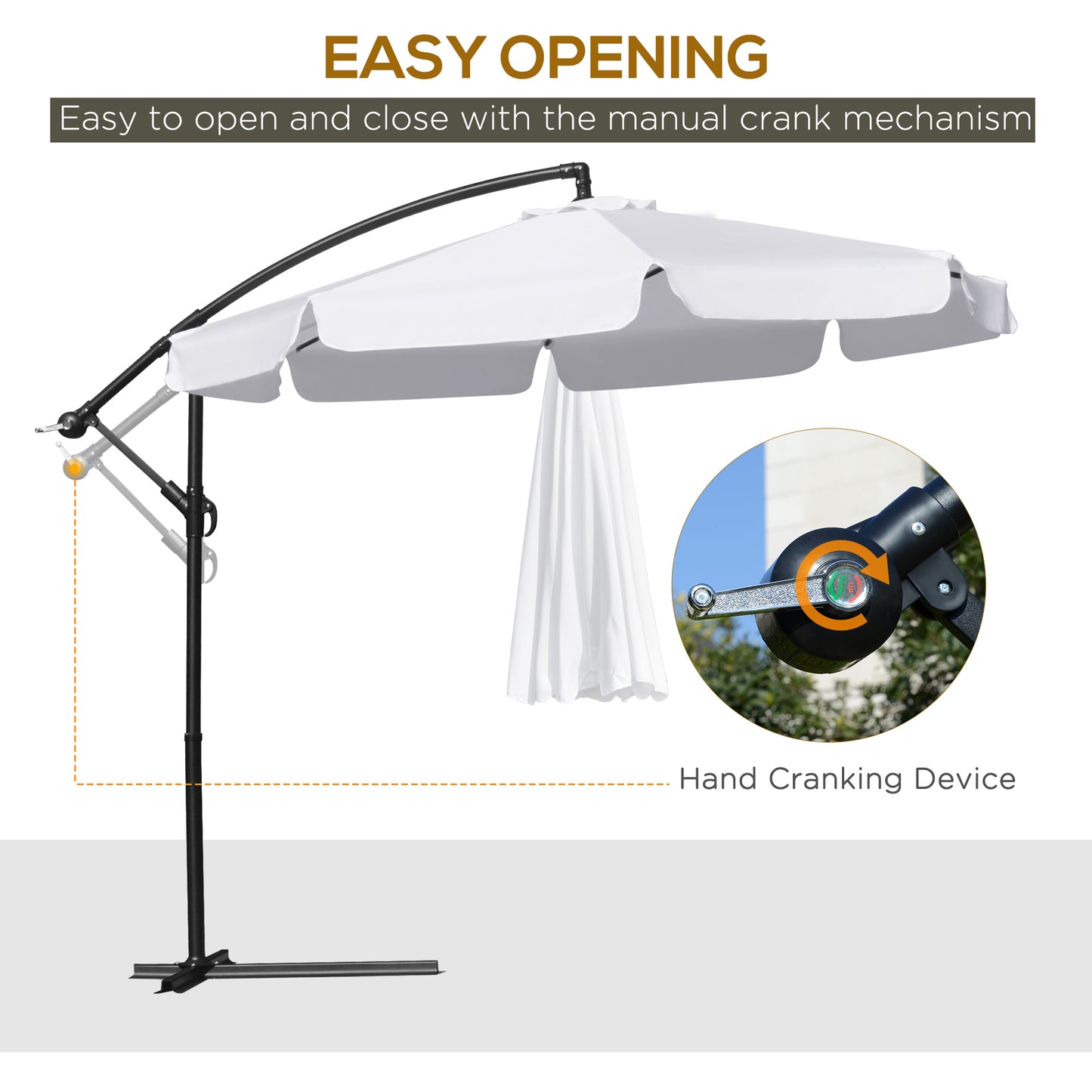 9FT Offset Hanging Patio Umbrella Cantilever Umbrella with Easy Tilt Adjustment, Cross Base and 8 Ribs for Backyard, Poolside, Lawn and Garden, White