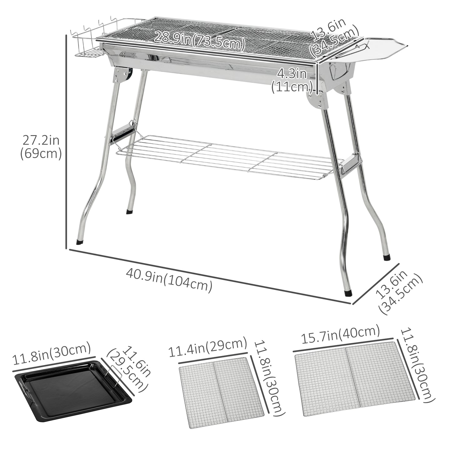 Stainless Steel Portable Charcoal Grill, Folding BBQ Grill with Shelf, Side Basket and Pan for Cooking, Camping, Travel