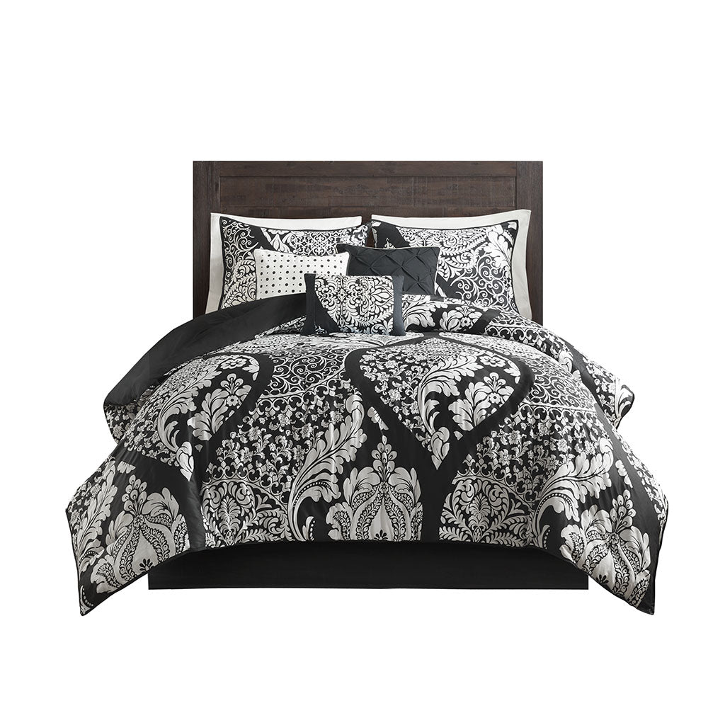 Traditional 7-Piece Cotton Comforter Set, Black in QUEEN