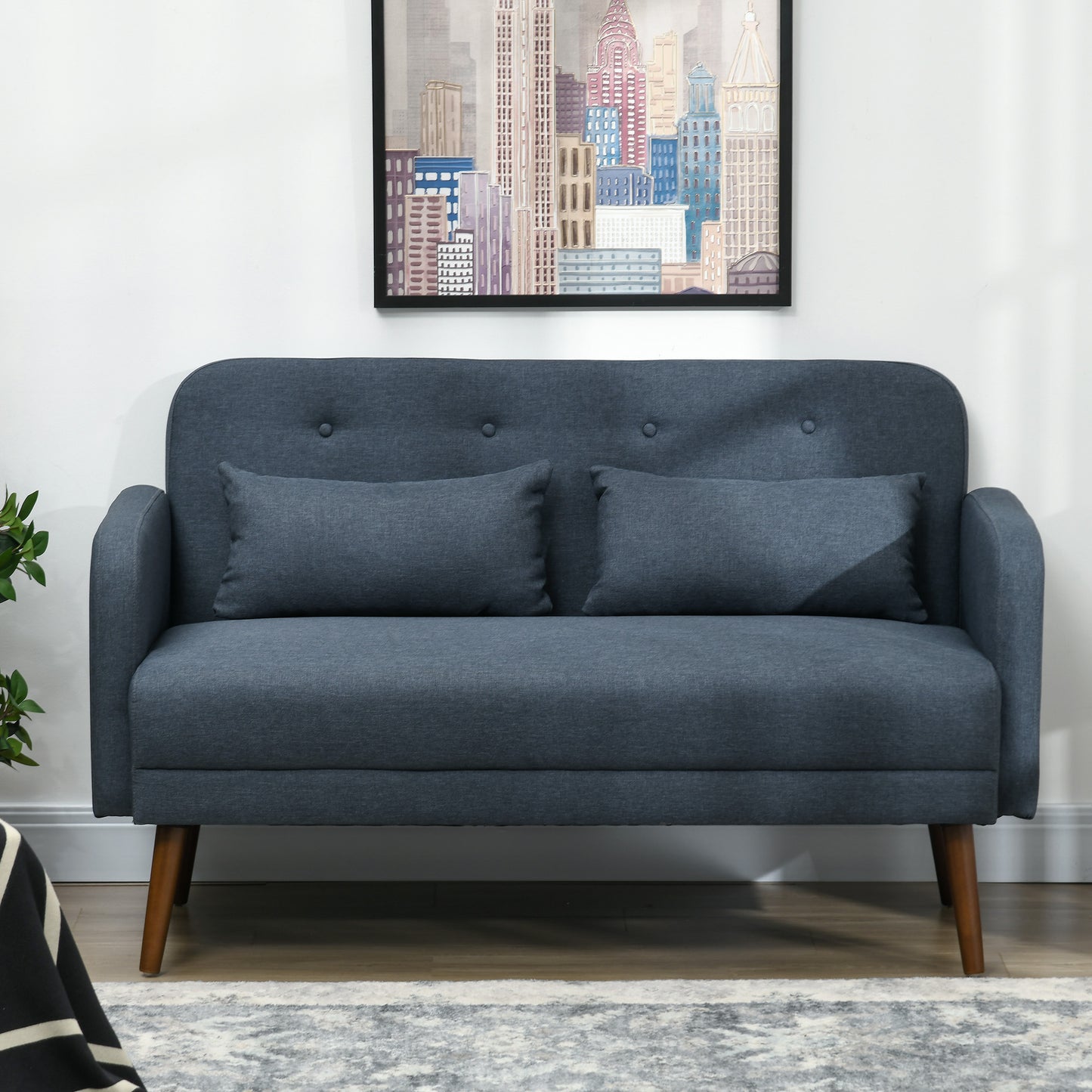 53"  Modern Love Seats , Upholstered 2 Seater Couch with Throw Cushions, Solid Wood Frame, Blue