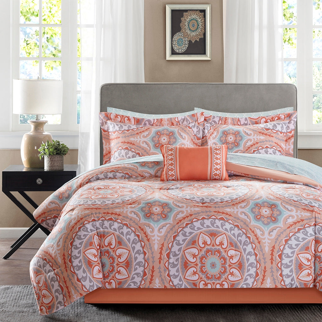 Boho Medallion Complete Comforter & Sheet Set, Coral