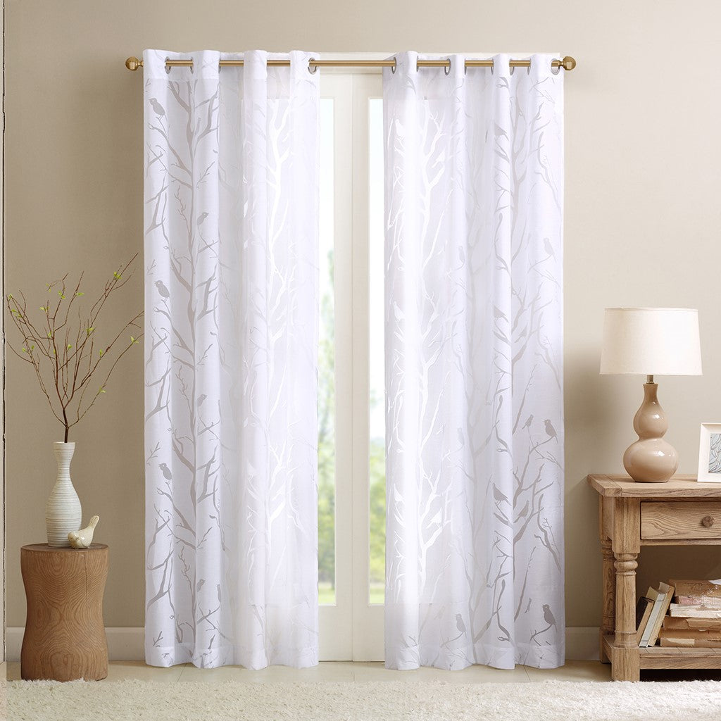 Devore Bird Sheer Window Curtain, White SET OF 2