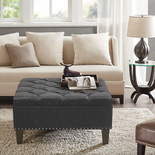 Leathered Tufted Square Storage Ottoman, Charcoal Grey