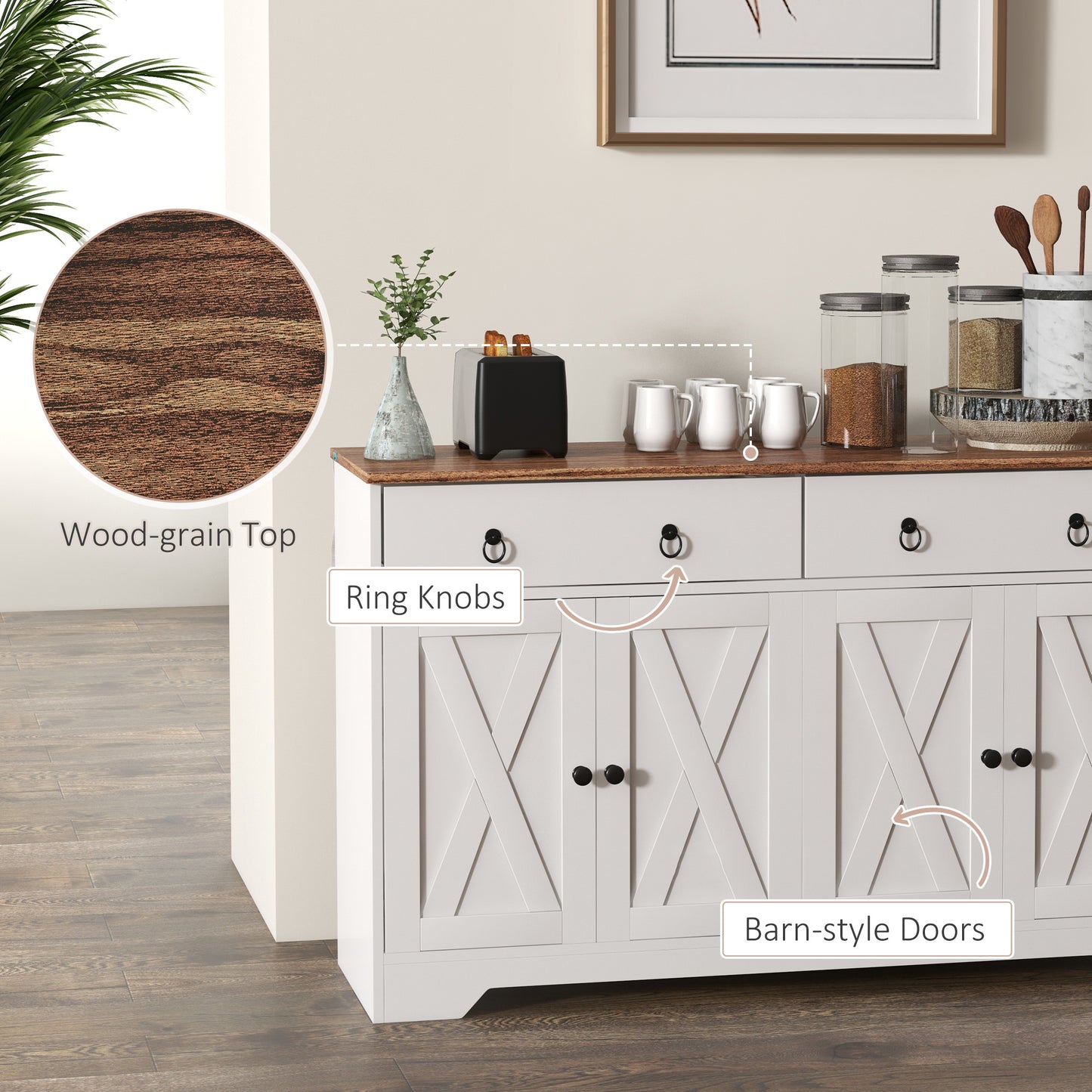 Sideboard Cabinet with 2 Drawers, 4 Barn Doors and 2 Adjustable Shelves, in White