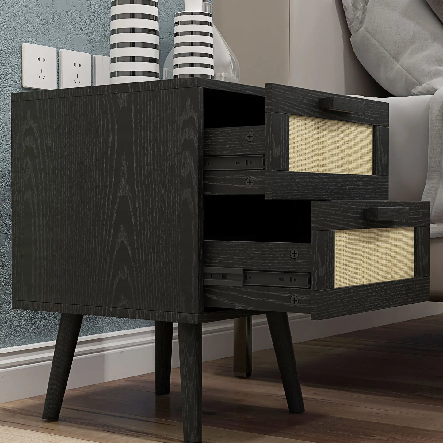 Boho Nightstands Set of 2 with 2 Drawers in Black