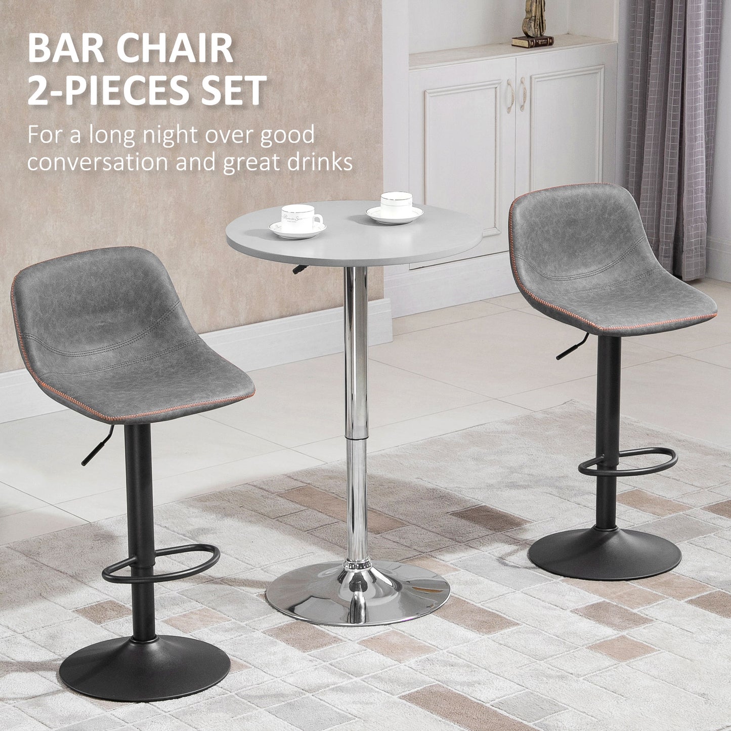 Stools Set of 2, Swivel Counter Height Bar Stools, Adjustable Bar Chair with Back and PU Leather Upholstery for Kitchen and Home Bar, Grey