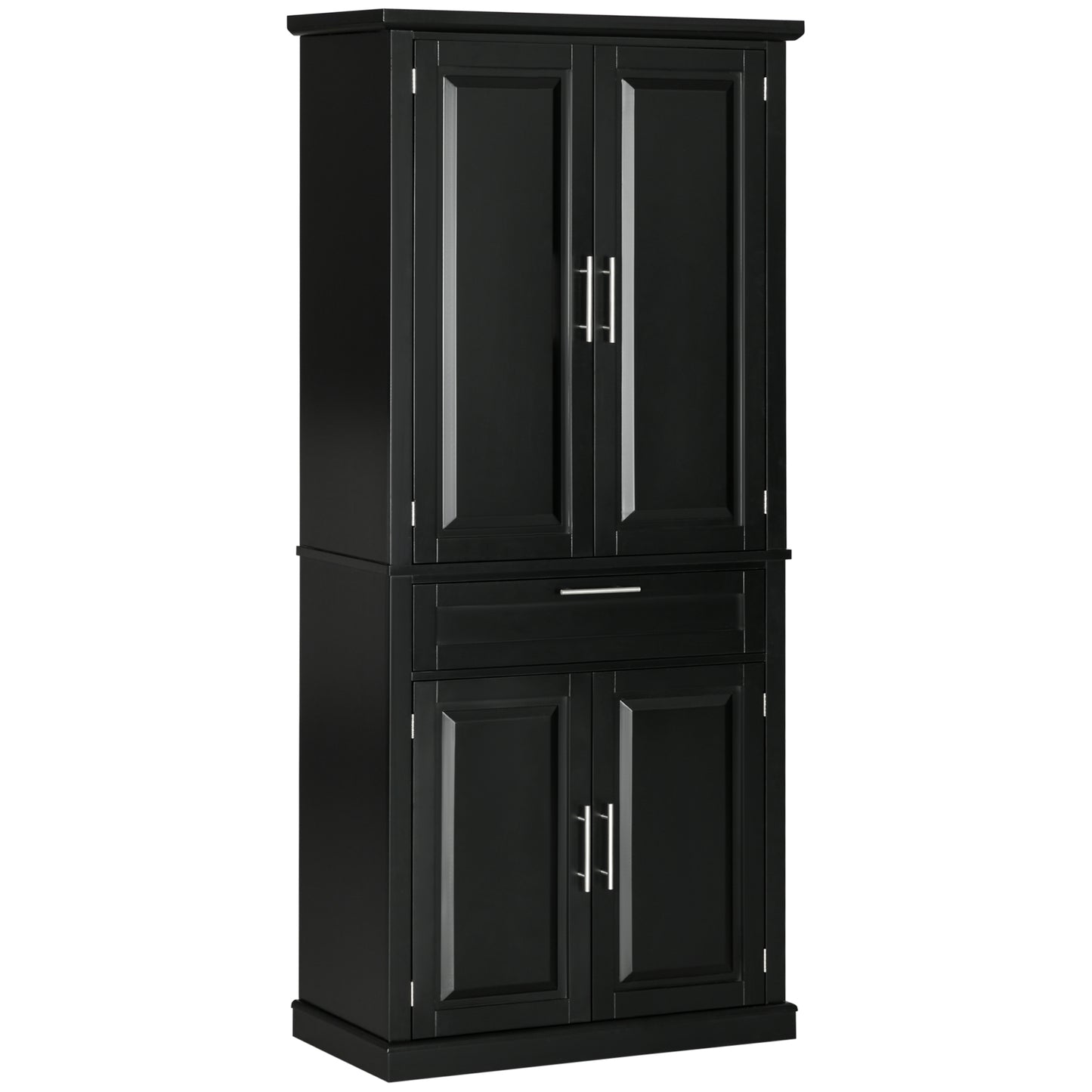 72" Kitchen Pantry Cabinet, Freestanding Storage Cabinet, 4-Door Cupboard with Drawer and Adjustable Shelves, Black