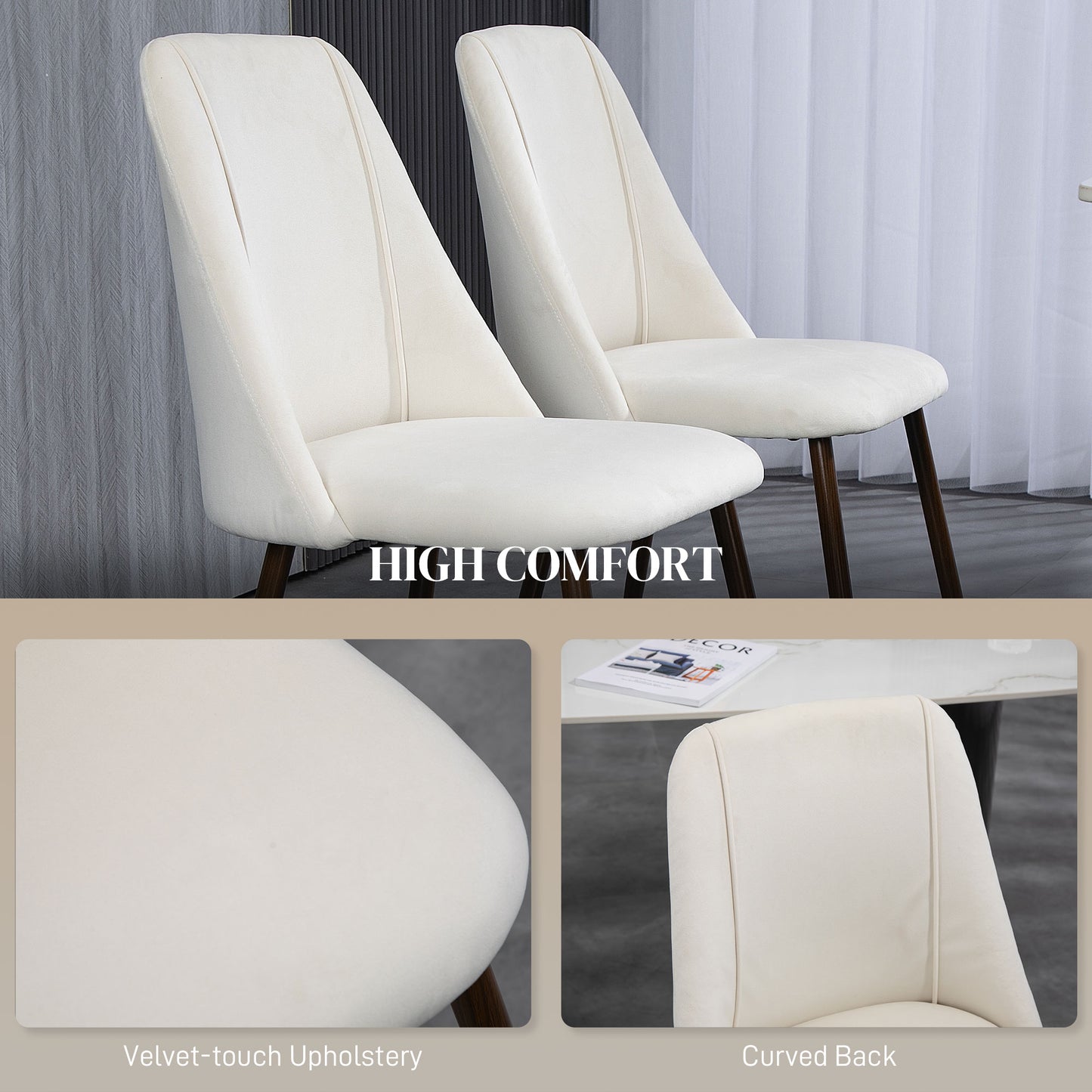 Cream Velvet Upholstered Dining Chairs Set of 4, Velvet Accent Chair with Back and Wood-grain Steel Leg