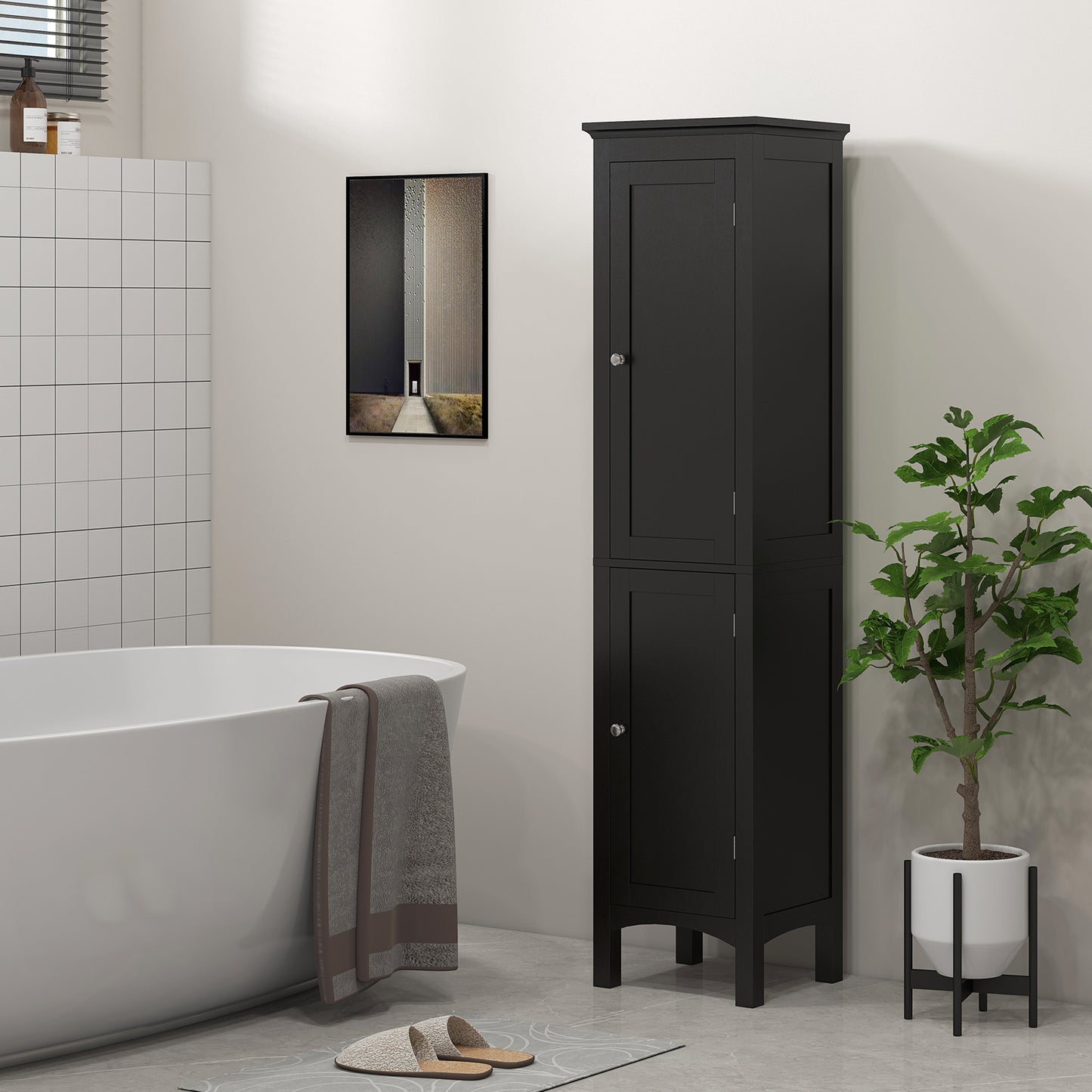 Tall Bathroom Cabinet, Freestanding Storage Organizer with Adjustable Shelves and Cupboards, 15" x 13" x 63", Black