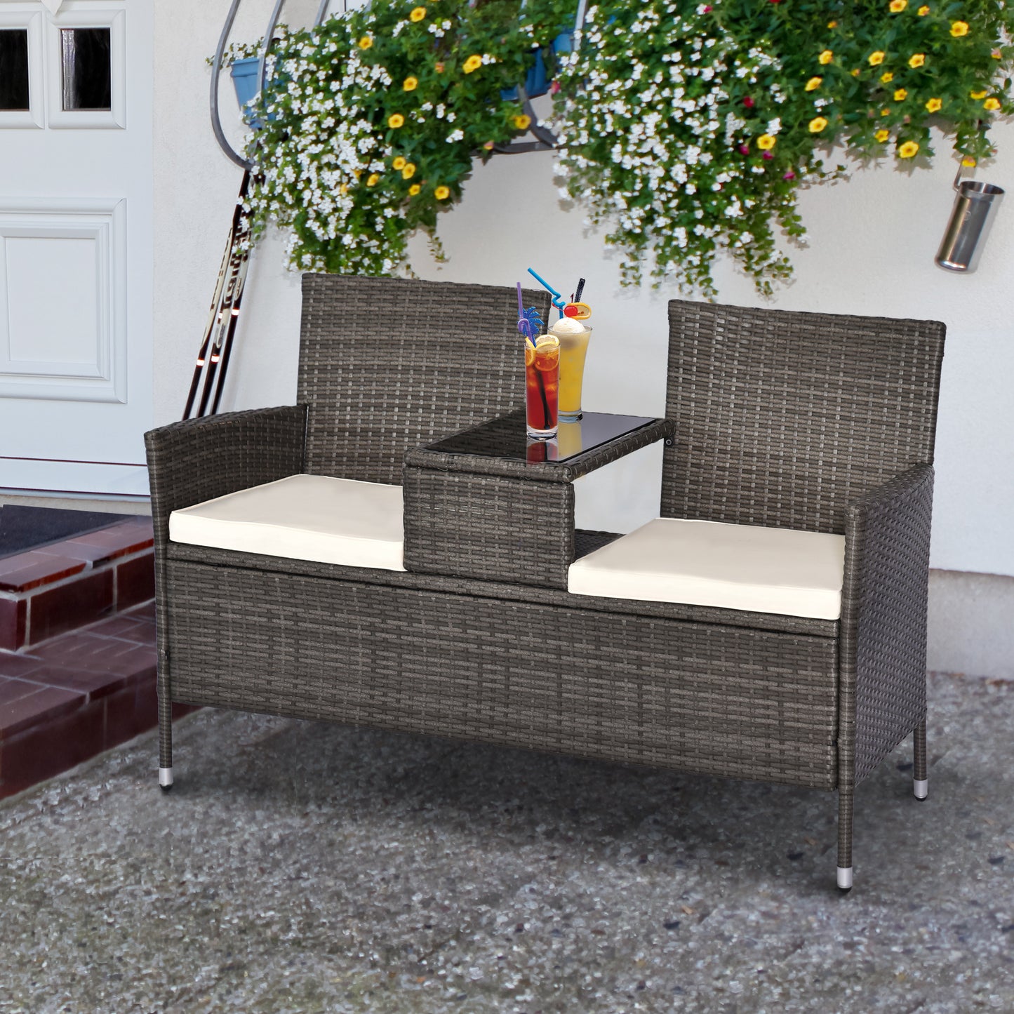 2 Seat Rattan Wicker Chair with Cushion Garden Bench with Tea Table Backyard All Weather Padded Seat Grey