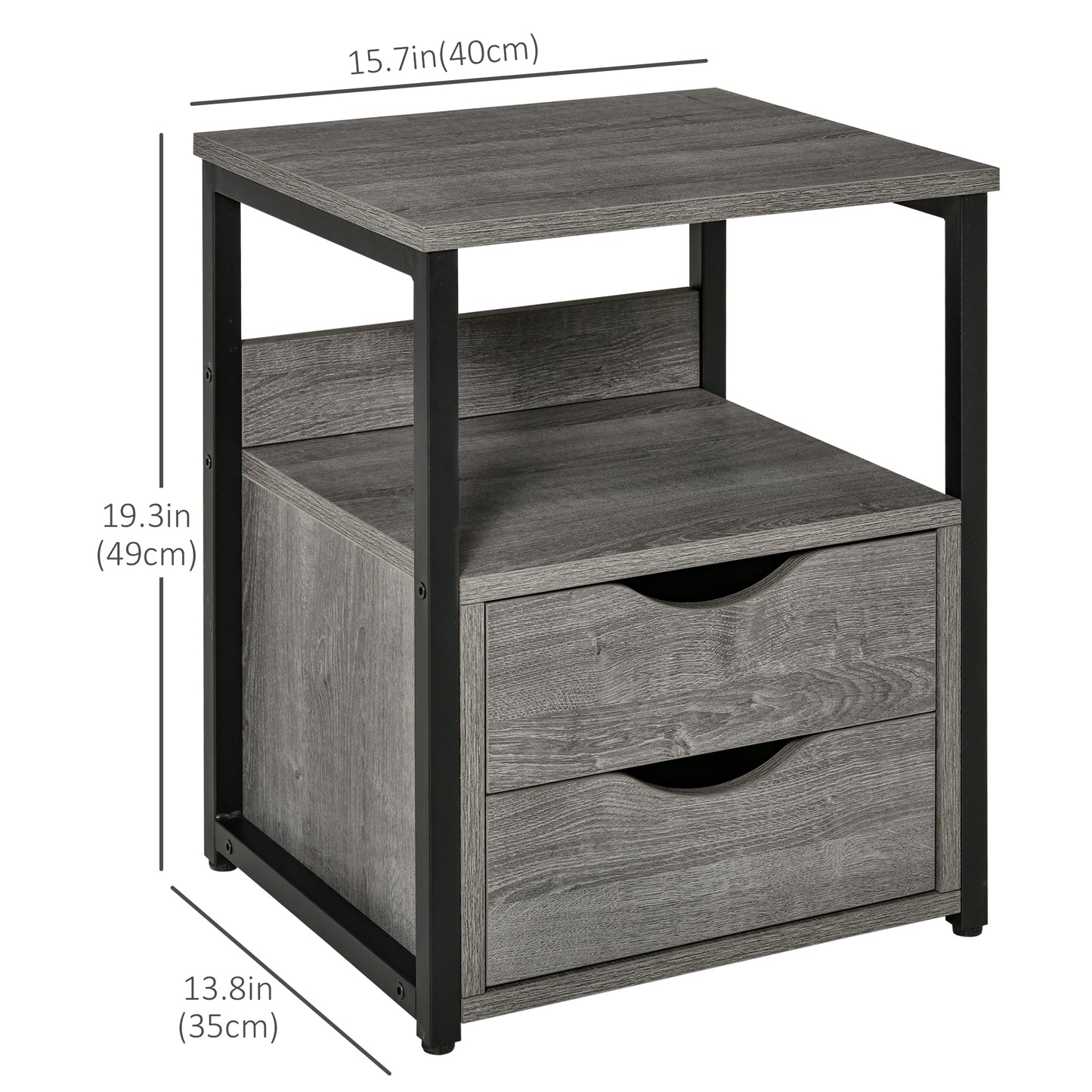 Nightstand with 2 Drawers, Industrial Side Table with Storage Shelf