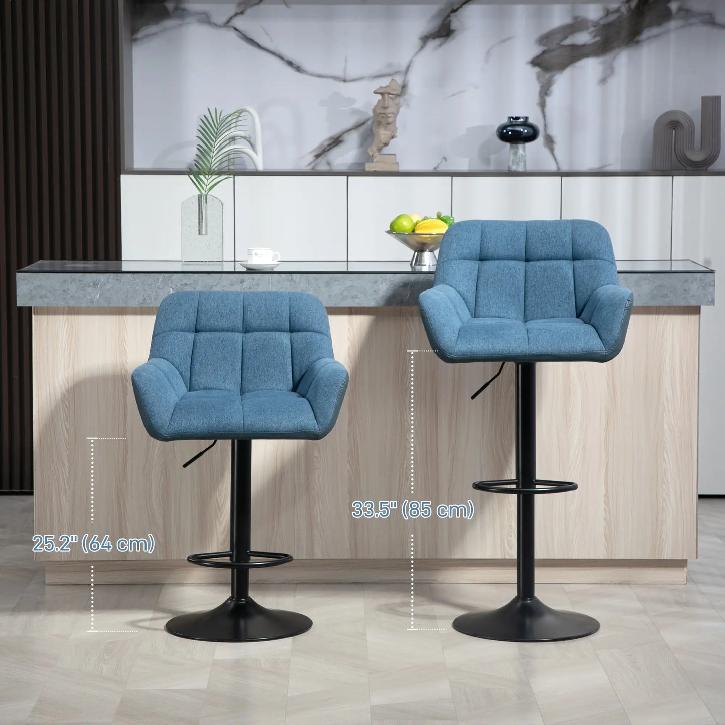 Swivel Barstools Set of 2 Adjustable, Footrest Armrests and PU Leather Back in Dark Blue