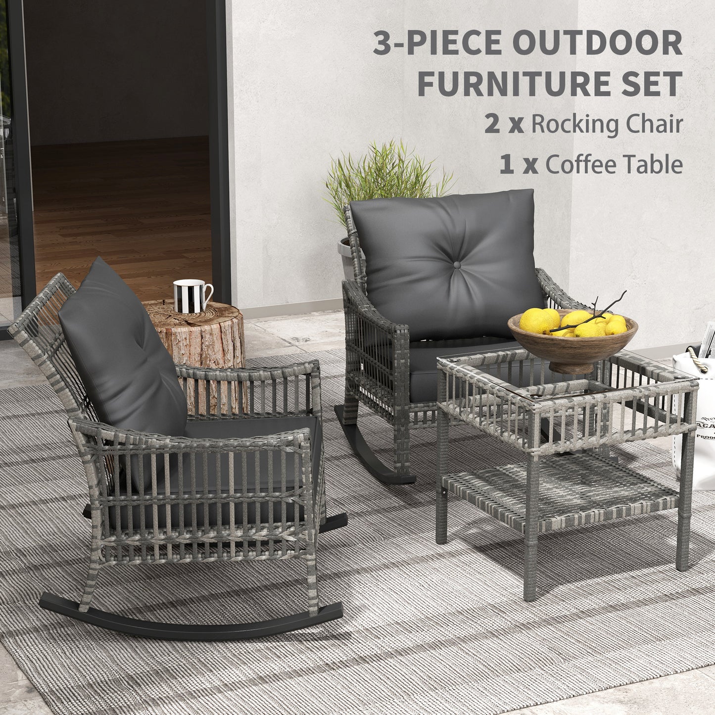 3 Pieces Outdoor PE Rattan Rocker Chair Set, Rocking Chair with Tempered Glass Table Top,25"x26"x28", Mixed Grey