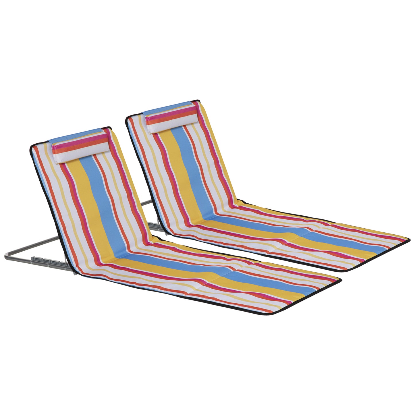 Set of 2 Beach Lounge Chair Sun Lounger Beach Mat, Padded Folding Ground Mat Lounge Chair w/Adjustable Back, Steel Frame, Head Pillow and Carry Bag for Backyard Lakeside, Colorful Stripes