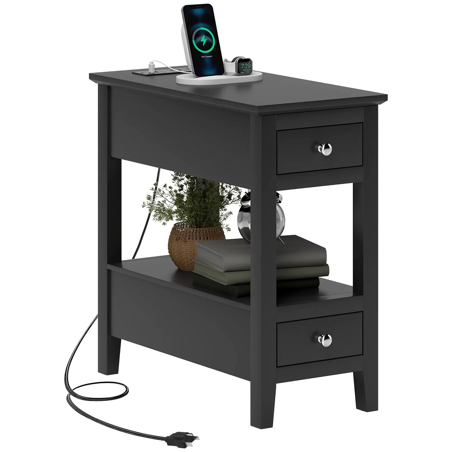 Narrow Side Table with Charging Station, USB Ports, Modern End Table with Storage Shelf, Drawers for Living Room, Black