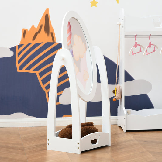 Free Standing Full Length Mirror, Child's Dressing Mirror with storage shelf, Children's White Bedroom Furniture 360° Rotation MDF, For 3- 8 Years Old, 15.75"L x 11.75"W x 41"H