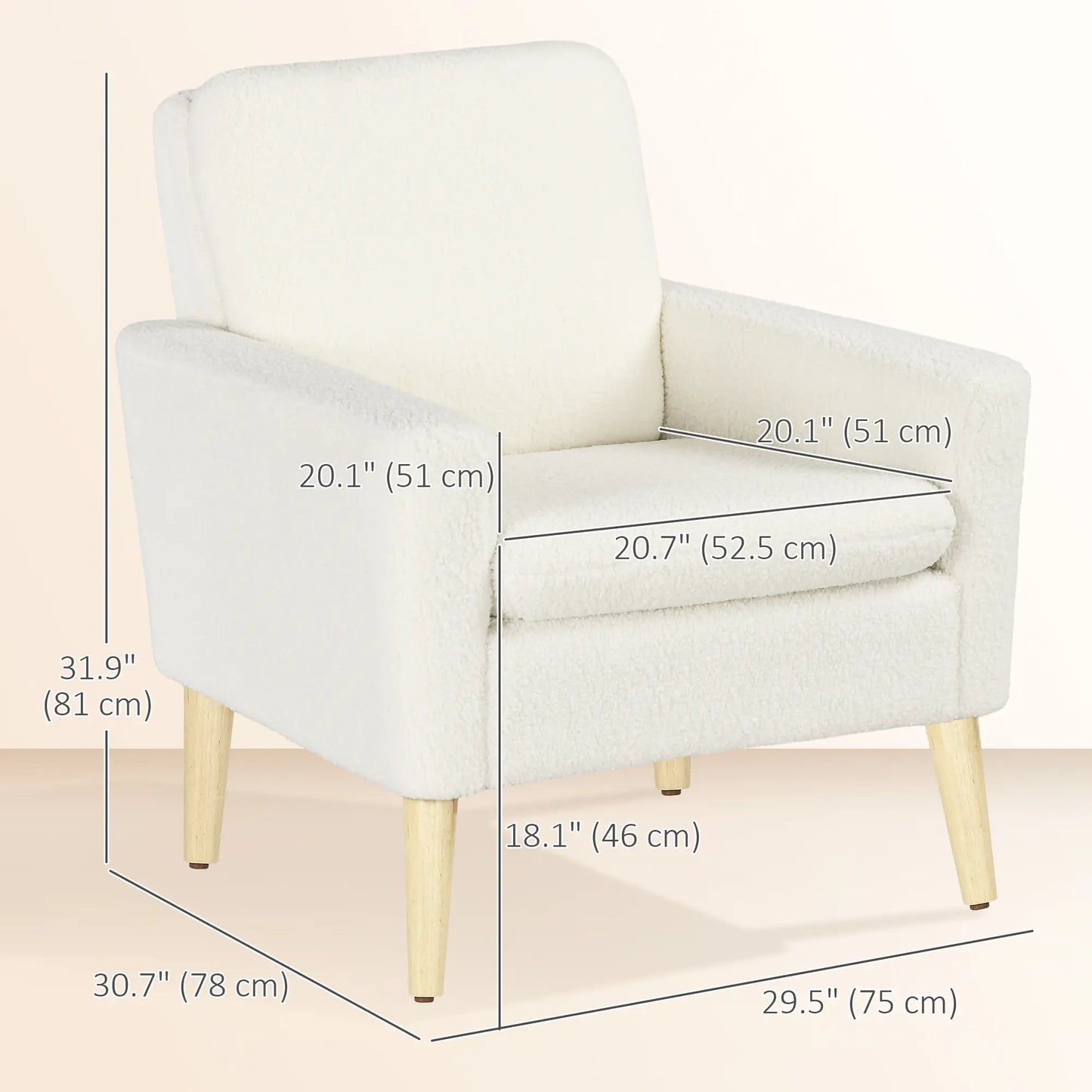 Fabric Accent Chair, Modern Upholstered with Wood Legs and Wide Padded Seat, in Cream White