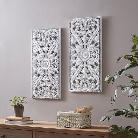 Boho Carved Wooden Panels Wall Decor, White